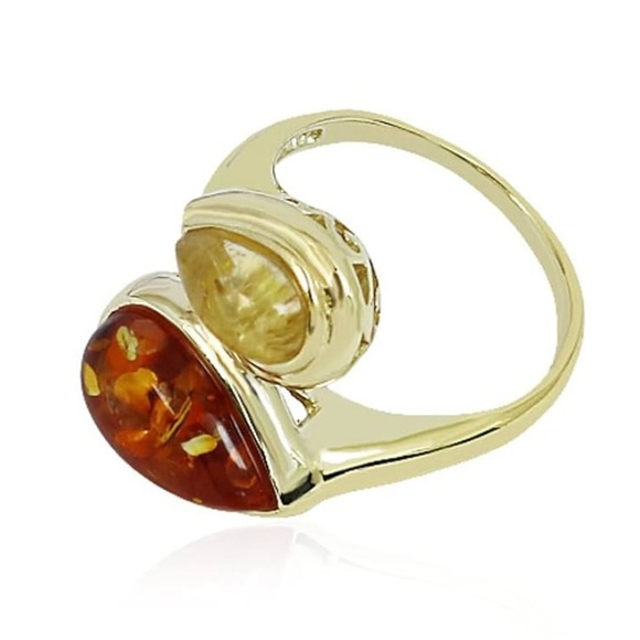 New! Genuine Baltic Amber & Rutilated Quartz 14K Gold Plated 925 Silver Ring - Picture 3 of 5